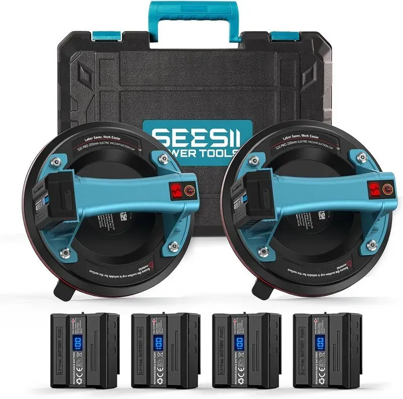 Seesii Akku-Saugkappen für Fliesen, 2er-Set, 200 mm, elektrisch, 4x 2400 mAh Akkus, LCD-Display, max. 270 kg, Vakuumaufhebungs-Saugkappen für Terrasse, Fliesen, Gas, Marmor