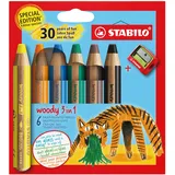 Stabilo Buntstift, Wasserfarbe & Wachsmalkreide - STABILO woody 3 in 1 - Jubiläumsedition - Tiger 6er Pack mit Spitzer - 6 Farben