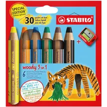 Stabilo Buntstift, Wasserfarbe & Wachsmalkreide - STABILO woody 3 in 1 - Jubiläumsedition - Tiger - 6er Pack mit Spitzer - 6 Farben