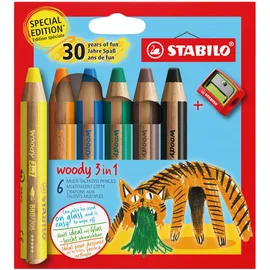 Stabilo Buntstift, Wasserfarbe & Wachsmalkreide - STABILO woody 3 in 1 - Jubiläumsedition - Tiger - 6er Pack mit Spitzer - 6 Farben