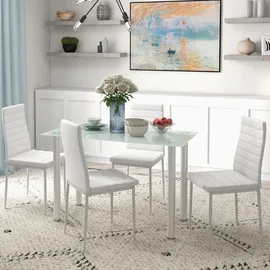 Homcom 5-tlg. Essgruppe, Esstisch mit 4 Stühlen, Küchentisch mit Hartglasplatte, Esszimmergruppe, Esszimmermöbel, Esstisch Set für Küche, Weiß