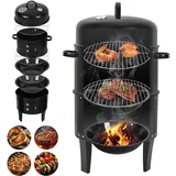 Peviasot 3 in 1 Smoker Räucherofen, Smoker Grill für Räuchern, Grillen & Kochen, Holzkohle Räuchergrill mit Thermometer, Deckel & Griff, 2 Ebenen Ø40×80 cm, BBQ Smoker für Garten, Balkon & Camping