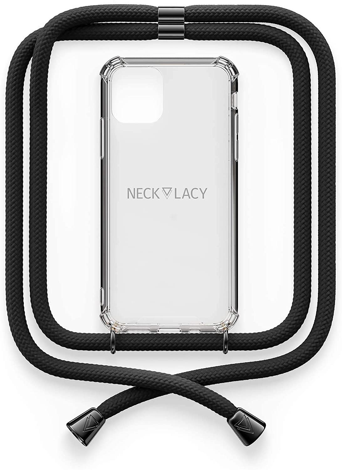 NECKLACY Handykette Handyhülle zum umhängen - für iPhone 11 Pro - Case / Handyhülle mit Band zum umhängen - Trageband Hals mit Kordel - Smartphone Necklace, All Black