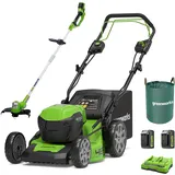 Greenworks GD24X2LM46SPK4X Selbstfahrender Akku Rasenmäher für große Flächen bis zu 480m2, Rasentrimmer G24LT30M 30cm Schnittbreite, 120l Gartenabfallsack,Plus Zwei 4Ah-Akkus und Doppelladegerät