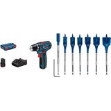 Bosch Professional 12V System Akku-Bohrschrauber GSR 12V-15 (inkl. 1x 2.0 Ah Akku, in L-BOXX) + 7x Expert SelfCut Speed Flachfräsbohrer Set (für Weichholz, Grobspanplatte, Ø 16-32 mm, Zubehör)