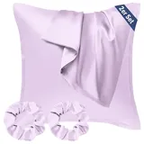 Seiwohl Kissenbezug Seide 80x80 2er Set, Satin Kissenbezug Lavendel Silk Pillowcase Kopfkissenbezug Seide Kissenhülle für Haar und Haut, Haarschonender Kissenbezug mit 2 Seide Haargummi