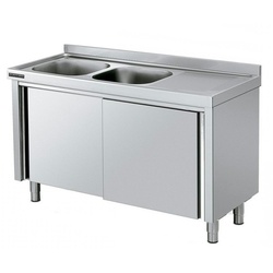 Cofrise Steel Industrielle Edelstahlspüle mit 2 Becken aus Edelstahl mit Türen 1800x600x850mm linke Abtropffläche