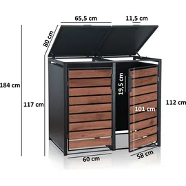 Zelsius Mülltonnenbox für zwei Mülltonnen Anthrazit RAL 7016 Tür in dunkelbrauner Holzoptik