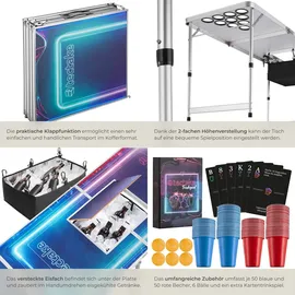 Tectake tectake® Bierpongtisch, aus Aluminium, mit Eisfach, Becherlöchern, LED-Beleuchtung, bodenschonende Kunststofffüße, inklusive 100 Bechern, 6 Bällen und Kartentrinkspiel