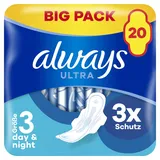 Always Ultra Binden Damen Gr. 3, Day & Night (20 Damenbinden mit Flügeln) Big Pack, dünn und super saugfähig, geruchsneutralisierend und Auslaufschutz