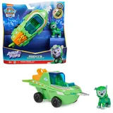 PAW PATROL PAW PATROL, Aqua Pups - Basis Fahrzeug Spielzeugauto im Sägefisch-Design mit Rocky Welpenfigur, Spielzeug geeignet für Kinder ab 3 Jahren