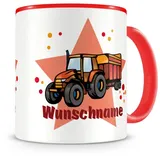 Samunshi® Kindertasse mit Namen Tasse Traktor Anhänger Personalisierte Tasse mit Namen Kinder Kinderbecher mit Namen Kindergarten rot 300ml