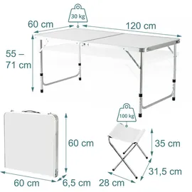Relaxdays Campingtisch mit 4 Hockern Weiß/Silber