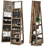 HOMASIS Schmuckschrank mit Spiegel, drehbarer Schmuckregal mit Stauraum aus Holz, abschließbarer Spiegelschrank mit Kettenhaken & Ringverschluss, 38 x 38 x 161 cm (Braun)