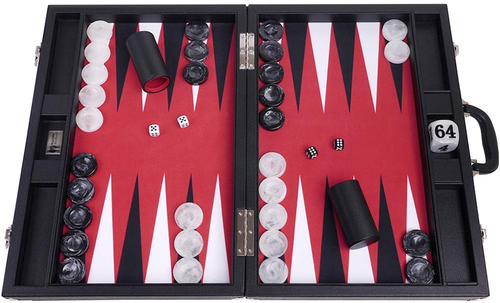 Wycliffe Brothers 53,3 cm Profi Backgammon-Set - schwarzer Koffer mit rotem Feld - Masters Edition