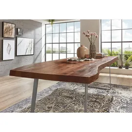 sam möbel gmbh Esstisch Baumkante Akazie nussbaum 300 x 100 schräges U-Gestell silber HALMSTAD - Braun, Holz, Echtholz,Akazie, Rechteckig,Rechteckig, U-Form, 300x79x100 cm, Esszimmer, Tische, Esstische