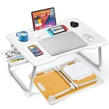 KKTECH Schreibtisch auf Bett Klappbar Laptop Frühstück Betttisch mit Schublade, Tragbarer Laptoptisch mit Schubladen, Faltbare Beine, Tablethalter, Getränkehalter, für Arbeiten am Bett/Sofa (Weiß)