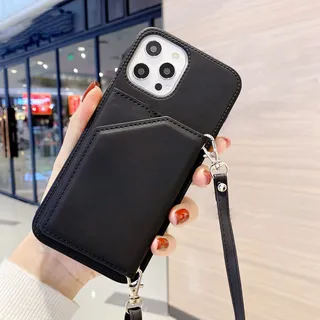 Sitthyw Handykette Hülle für iPhone 12 Pro, iPhone 12 Handyhülle PU-Leder Brieftasche mit Kartenfach Flip Case mit Stylische Band Kordel zum Umhängen Handy Lanyard und Portmonee Schutzhülle, Schwarz