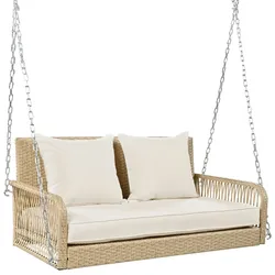 Merax Hollywoodschaukel, Gartenschaukel, Gartenmöbel-Set, Beiges Rattan, beiges Sitzkissen, 2 Sitze, mit Sitzkissen und Rückenkissen