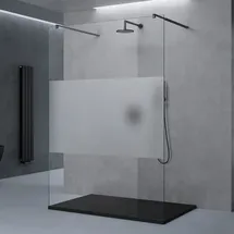 doporro Duschwand Duschtrennwand 120x200 Walk-In Dusche schwarz mit Doppel-Stabilisator aus Echtglas 10mm ESG-Sicherheitsglas Milchglas-Streifen - Transparent/milchig