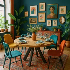 dekori.interiors Runder Ausziehbarer Tisch für Esszimmer, Pero, Loft-Stil, Skandinavische, Durchmesser: 120 / 220 cm, Eiche Craft Gold / Schwarz - Braun