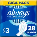 Always Ultra Binden Damen Gr. 3, Day & Night (28 Damenbinden mit Flügeln) Giga Pack, dünn und super saugfähig, geruchsneutralisierend und Auslaufschutz