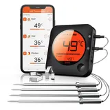 BFOUR 100m Grillthermometer Bluetooth, Fleischthermometer kabelloses mit 4 Edelstahlsonden, große LCD-Anzeige, Bluetooth Bratenthermometer für Grill, Smoker, Ofen, BBQ