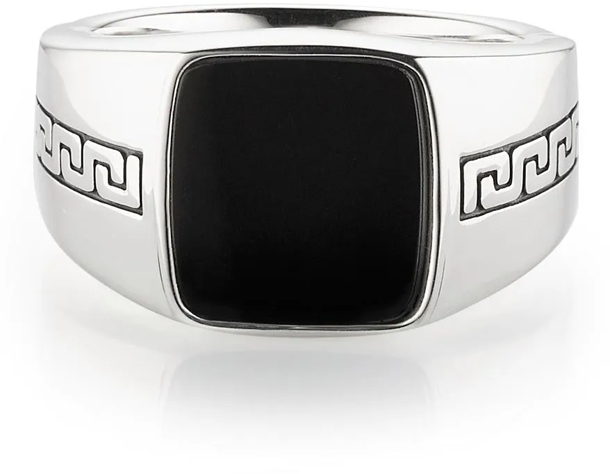 Fingerring BRUNO BANANI "Schmuck Geschenk Silber 925 Herrenring Siegelring Mäander Onyx" Fingerringe Gr. 63, Silber 925 (Sterlingsilber), 14,2 mm, silberfarben (silberfarben, schwarz, schwarz) Herren Fingerringe