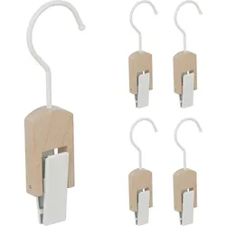 Relaxdays Stiefelhaken 5er Set, Eisen & Holz, Klemmhaken zum Aufhängen, gummierte Clips, Haken mit Klammer, weiß/natur
