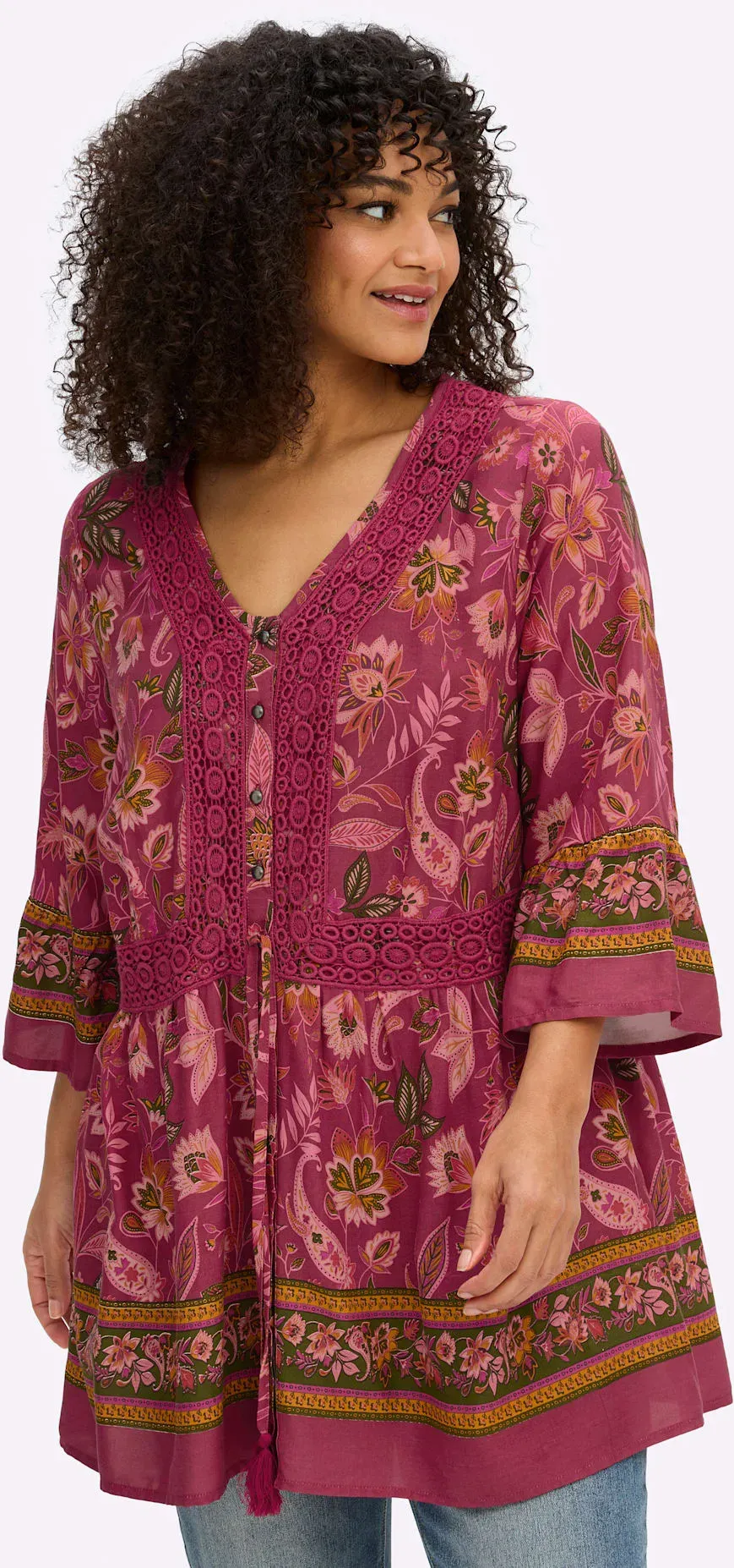 Druckbluse SHEEGO BY JOE BROWNS, Damen, Gr. 46, kirsche, flamingo, gemustert, 100% Viskose, geblümt, gemustert, V-Ausschnitt, Blusen Druckbluse