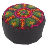 GURU SHOP Besticktes Meditationskissen mit Dinkelfüllung, Yoga Kissen, Yogakissen, Sitzkissen, Bodenkissen, Dekokissen - Schwarz, Baumwolle, 15x29x29 cm
