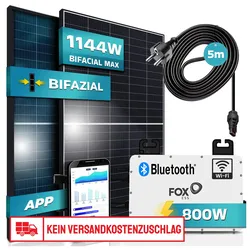 SUNNIVA® Balkonkraftwerk Black Frame BIFACIAL 1144/800W Solaranlage mit 800W Fox ESS Micro Wechselrichter Wifi Bluetooth, 2x440W Bifaziale Solarmodule, 5m Kabel, Photovoltaikanlage