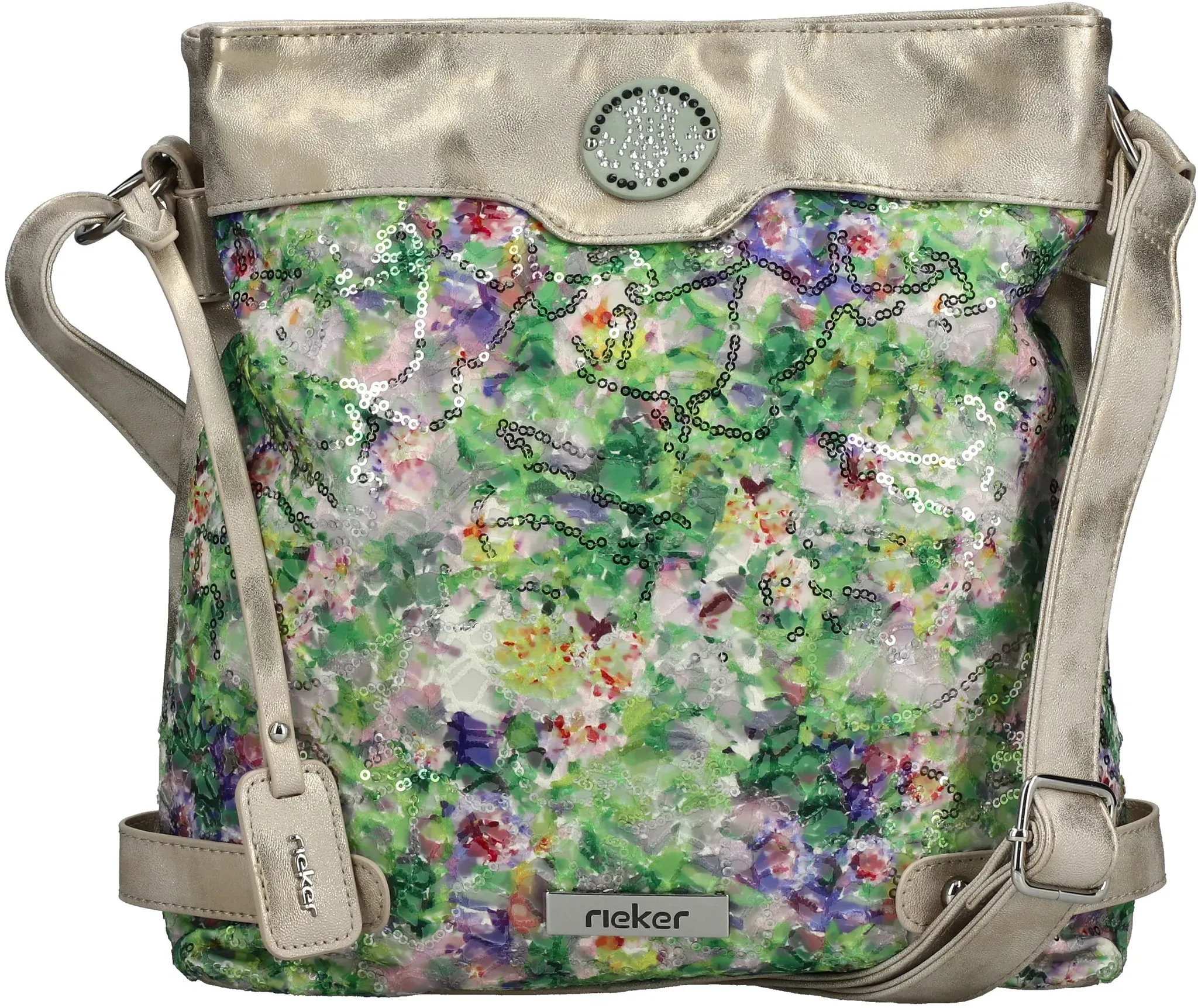 Umhängetasche RIEKER, Damen, Gr. B/H/T: 27cm x 30cm x 7cm, bunt (multi), Textil, bedruckt, Taschen Umhängetasche, Damen Schultertasche, Handtasche in Metallic-Optik