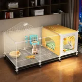 Kaninchenkäfig Indoor Stall mit geschlossenem Loungebereich - Kaninchenhaus mit Schiebeschalen & Universalrad für Frettchen Chinchilla Igel