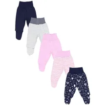 TupTam Baby Strampelhose Jungen Mädchen Hose mit Fuß 5er Pack, Farbe: Pink Streifen Blau Herzen Grau, Größe: 50 - 50