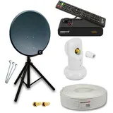 PremiumX Satelliten-Komplettanlage 80cm Satellitenschüssel ALU Anthrazit Single LNB Dreibein-Stativ Kabel HD TV SAT Receiver