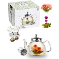 TETWIN Glas-Teekanne inkl. 2 blühenden Blumen-Teekugeln, Herdsichere Teekanne mit herausnehmbarem Teesieb für blühende und lose Teeblätter, 1000 ml