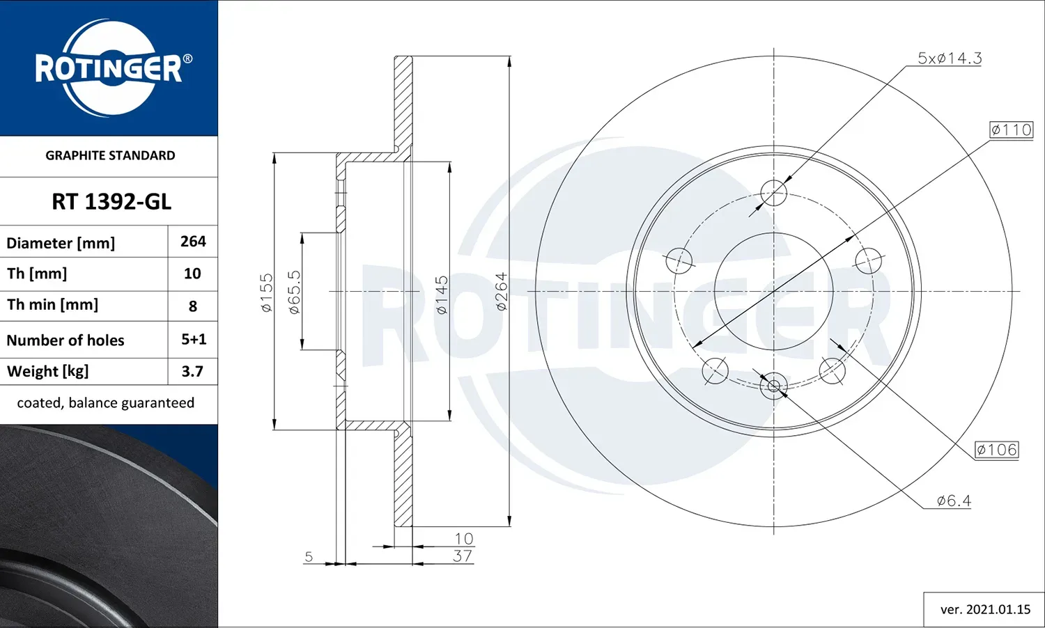 ROTINGER Bremsscheibe rt1392gl Hinterachse 264mm 10mm für CHEVROLET