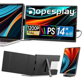 Dopesplay 2025 Neuestes Laptop Monitor Erweiterung, 14" FHD 1200P IPS Tragbarer Monitor für Laptop, Eingebauter Stand Dual Screen für 14"-17" Laptops, Plug & Play Geeignet für Mac, Wins, Chrome
