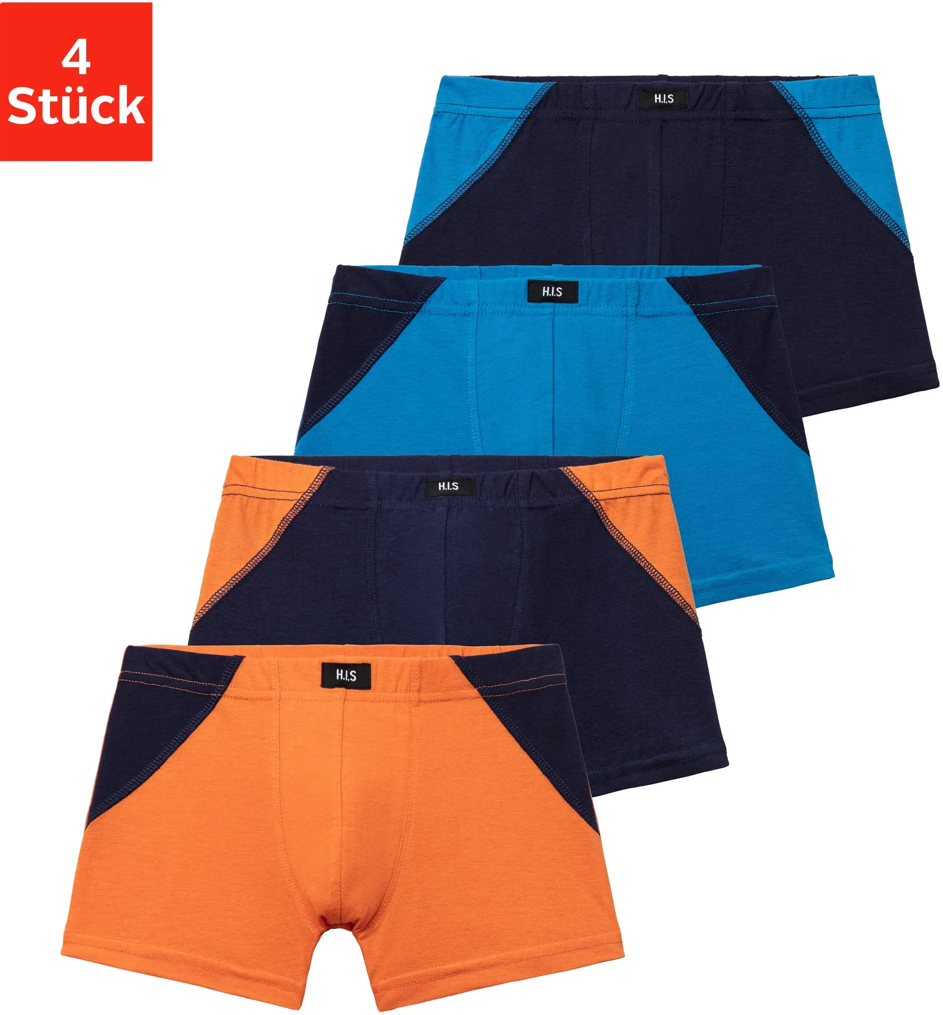 H.I.S Boxer, (Packung, 4 St.), mit coolem Colorblocking für einen sportlichen Auftritt, Gr. 158/164, marine-blau, blau-marine, orange-marine, marine-orange, , 632452-158