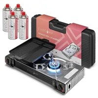 evocamp Gaskocher 2-flammig mit Piezozündung mit 4 Gaskartuschen und Grillaufsatz 38 cm