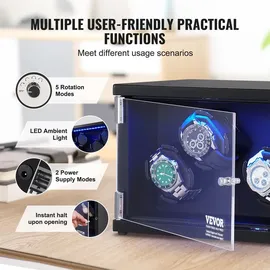 Vevor Uhrenbeweger, Automatik-Uhrenbeweger, Watch Winder, Uhrenbeweger für Automatikuhren, Automatischer Uhrenbeweger mit Platz für 4 Uhren, LED Beleuchtung, Max. 20 cm Riemenlänge Schwarz