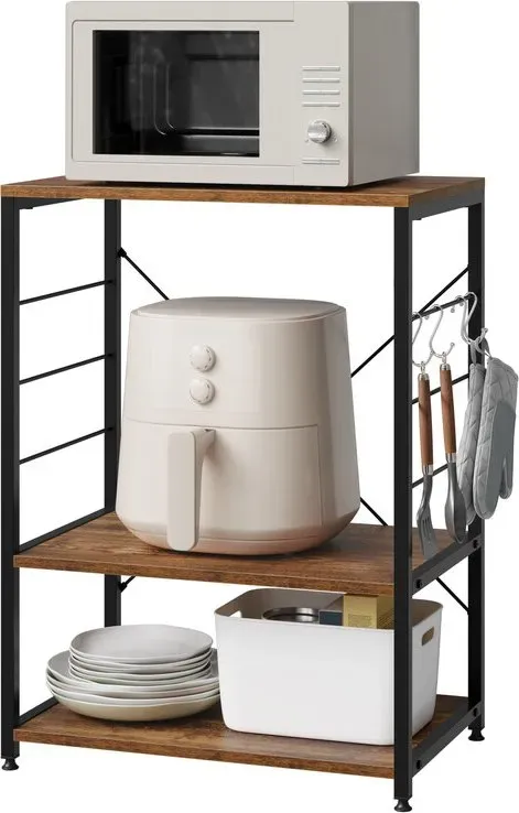 EUGAD 3-stufiges Küchenregal, Ablageregal mit 4 Haken, Mikrowellenregal aus MDF & Metall, Industriedesign, 60x40x82 cm, Schwarz+Walnuss