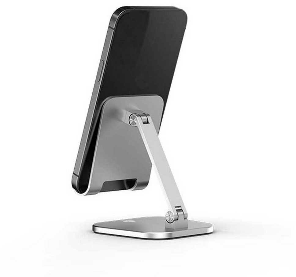 FIDDY Metallischer faltbarer Mini-Tischplatten-Tablet- und Handy-Ständer Smartphone-Halterung, (1-tlg., Verdicktes Metall, vierseitige Basis, verstärkte Stützstange) silberfarben