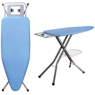 STANEW Bügelbrett 120 x 45 cm, Klappbares Bügelbretter Bügeltisch für Dampfbügeleisen, Sicherheitsschließsystem, höhenverstellbar, ausziehbarer Ablage für Kleidung, Integriertem Eisenständer (blau)