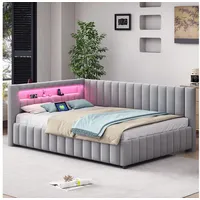 HAUSS SPOLE Schlafsofa 140x200 mit LED-Licht, USB-Ladeanschluss, Rückenlehne, Hellgrau Samt, Daybett Tagesbett Doppelbett, LED-Licht & USB-Ladeanschluss, Samtstoff, L-förmiges Design mit Rückenlehne & Kopfteil, Ideal für Wohnzimmer & Gästezimmer, Ohne Matratze grau