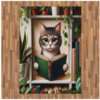 Teppich Flachgewebe Deko-Teppiche für das Wohn-,Schlaf-, und Essenszimmer, Abakuhaus, rechteckig, Katze Bücherwurm Kätzchen liest in botanischer Gemütlichkeit beige|grün 160 cm x 230 cm