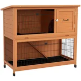 PawHut Hasenstall 2 Etagen aus Holz 123 x 63 x 112 cm Kaninchenstall mit Bitumendach, Rampe, Türen, Freilaufgehege, Stahlgitter Kleintierkäfig für 2 Kaninchen Outdoor Orange