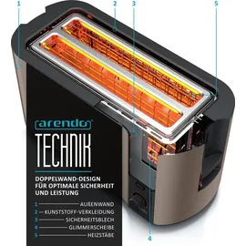 Arendo Toaster für 4 Scheiben, 1500W, Langschlitz, Brötchenaufsatz, Wärmeisoliert, Display, bronze