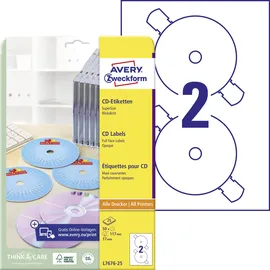 Avery Zweckform CD/DVD-Etiketten L7676-25 Weiß 117 mm 25 Blatt 50 Etiketten